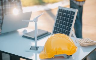 a mini solar panel, wind turbine, and yellow safety helmet sitting on a table representing the clean energy and solar industry