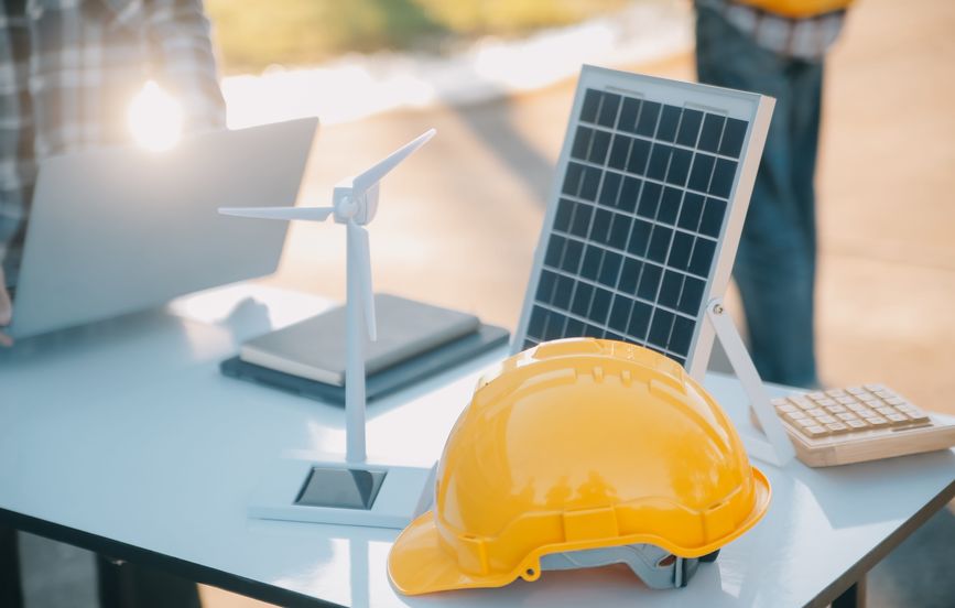 a mini solar panel, wind turbine, and yellow safety helmet sitting on a table representing the clean energy and solar industry