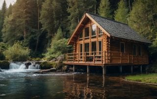Off-grid cabin beside a small waterfall