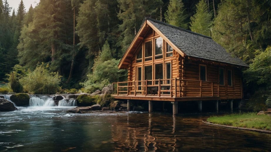 Off-grid cabin beside a small waterfall