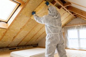 - Solar Royal Roofer installing insulation in attic to help encourage proper natural ventilation