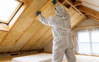 Roofer installing insulation in attic to help encourage proper natural ventilation